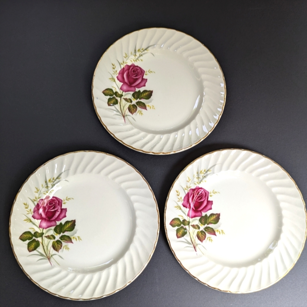 3 Ridgway Anniversary Rose Bread Plates Vintage Ironstone Cottagecore Floral